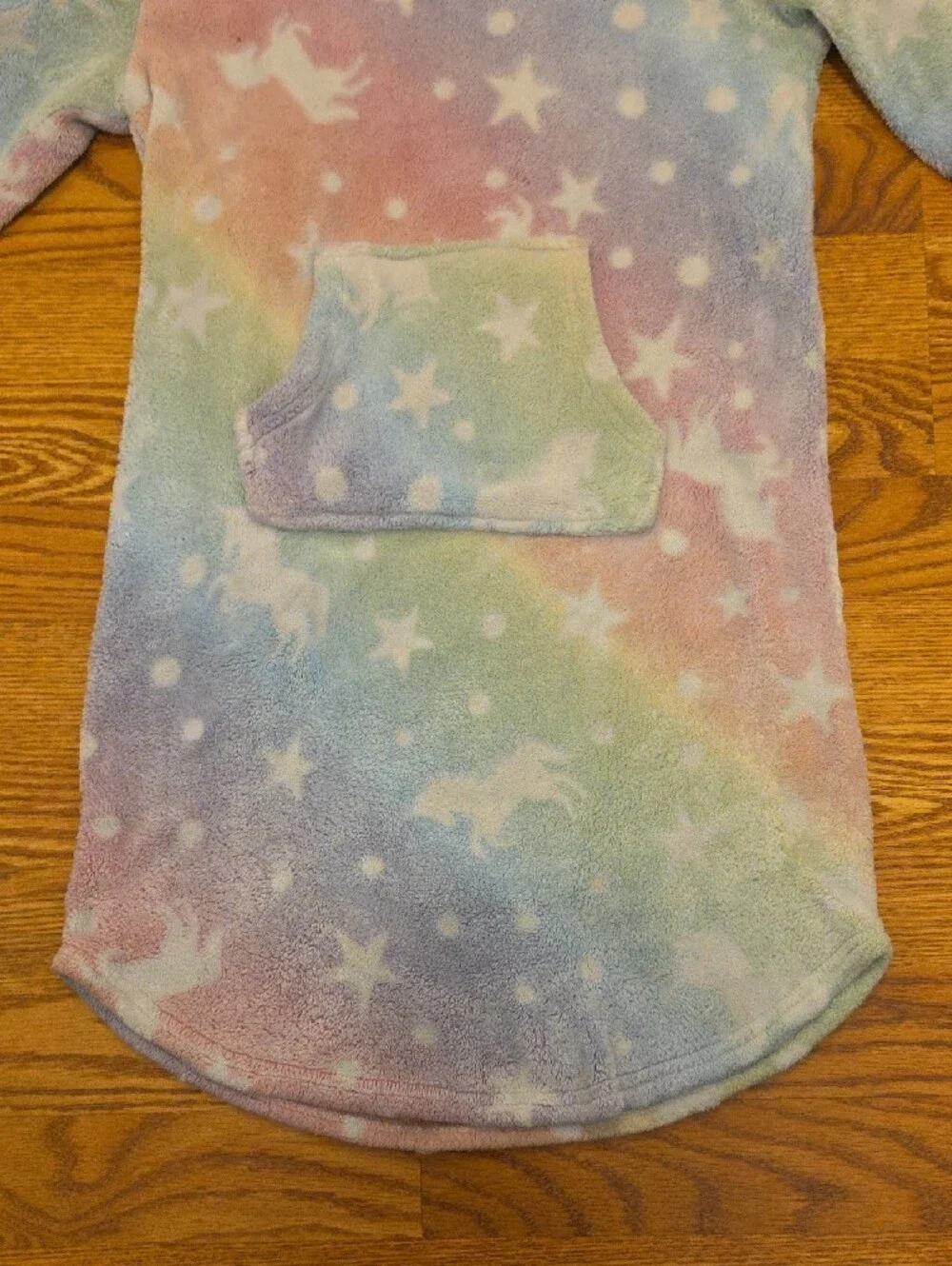 Kids Unicorn Hooded Fleece Nightgown - Pastel Rainbow Stars Size S (7/8)